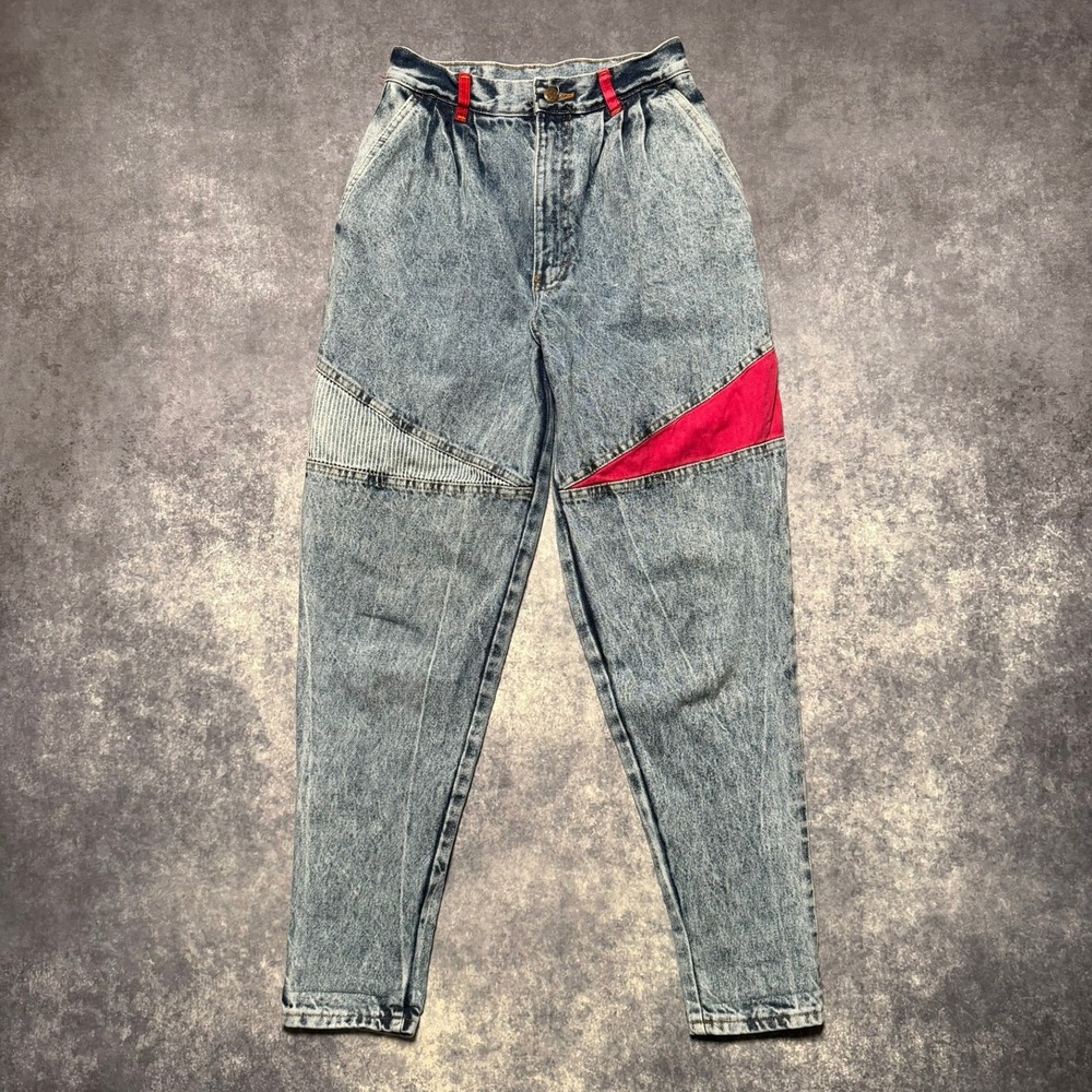 VTG 80s Southern Bluegrass Jeans Womens 7 High Waisted Acid Wash Colorblock Red